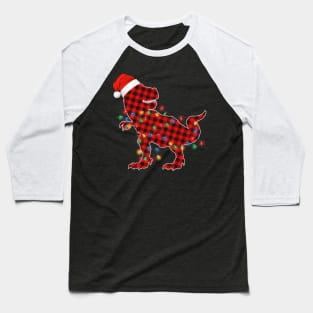 Funny Dinosaur T Rex Wearing santa hat, christmas lights and red buffalo plaid Baseball T-Shirt
